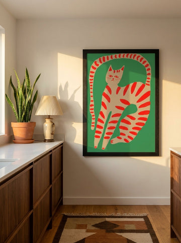 Modern wall art print styled on the wall in a mid-century kitchen