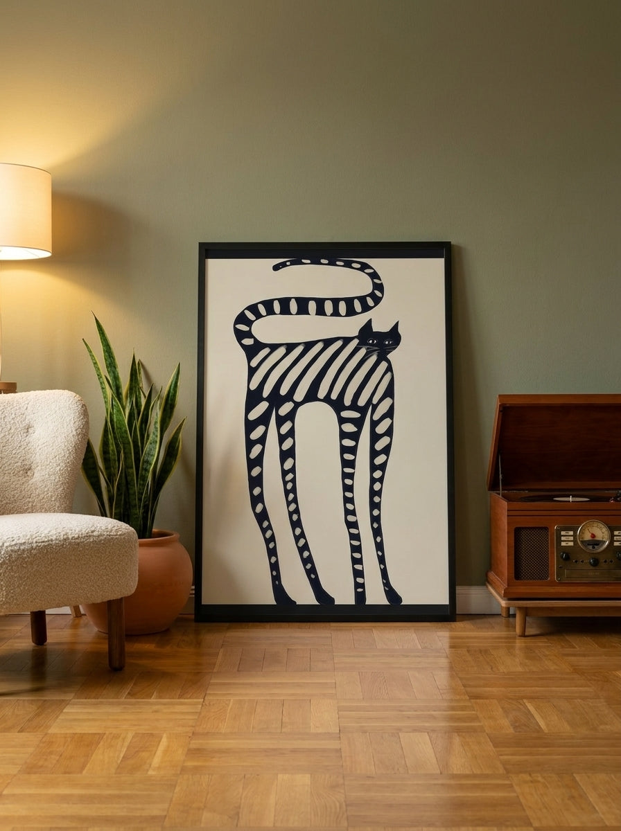 Modern wall art print leaning against the wall in a mid-century home office
