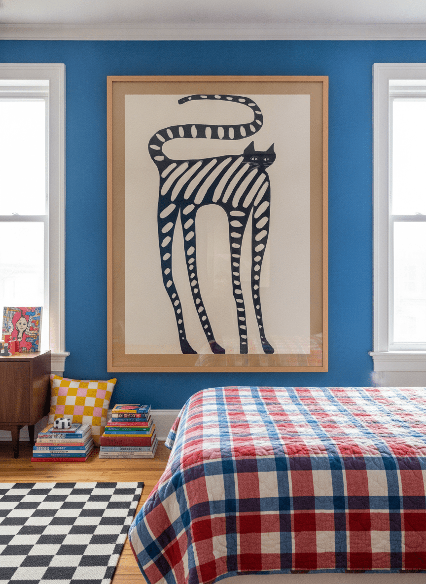 Oversized statement modern wall art print styled on the wall in a colourful eclectic bedroom