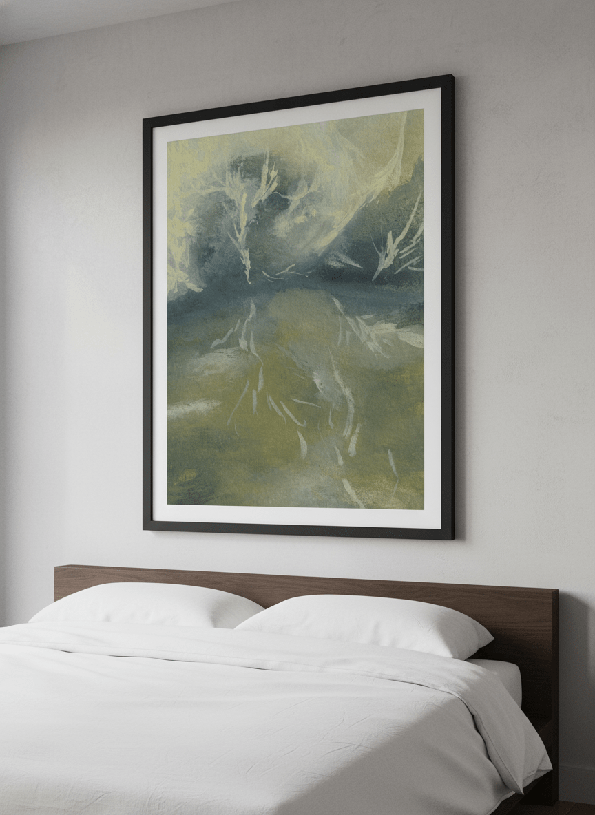 Minimalist artwork displayed in a calm, light-filled bedroom interior