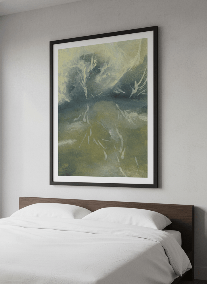 Minimalist artwork displayed in a calm, light-filled bedroom interior