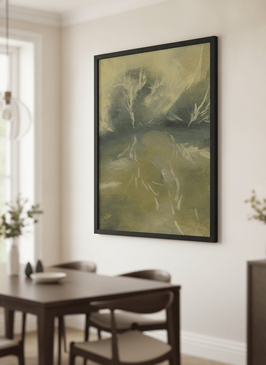 Wall art styled above a dining table in a contemporary home