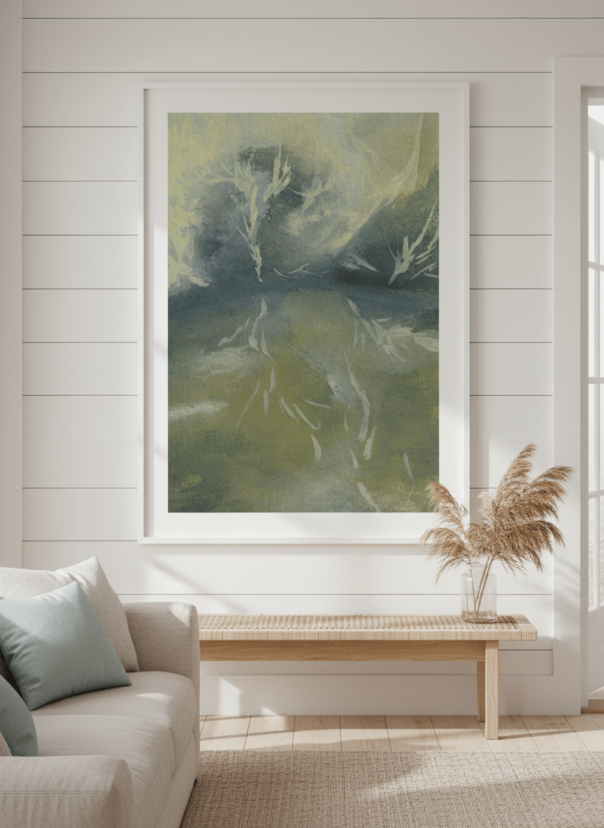 Neutral wall art displayed in a sunny coastal beach house