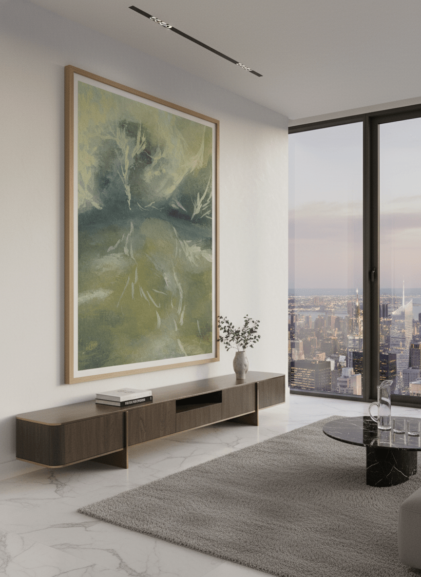 Monumental artwork centred on a feature wall in a luxe interior