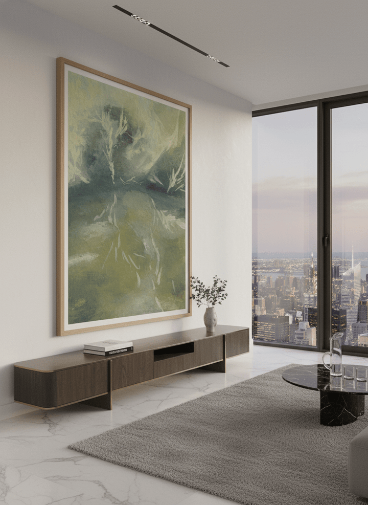 Monumental artwork centred on a feature wall in a luxe interior