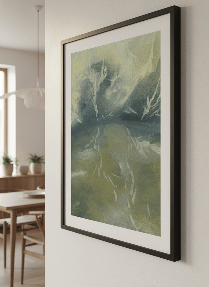 Wall art styled above a dining table in a contemporary home