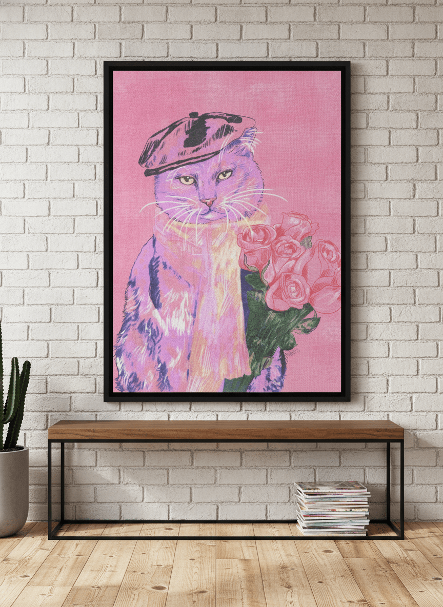 Canvas wall art with a black surround standing on a console in an industrial loft bedroom