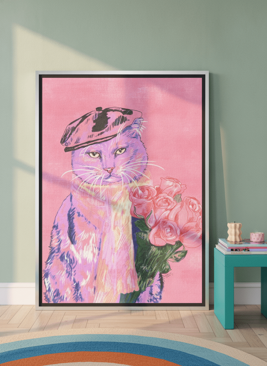 Oversized statement canvas wall art with a silver leaf surround leaning against the wall in a colourful eclectic living room