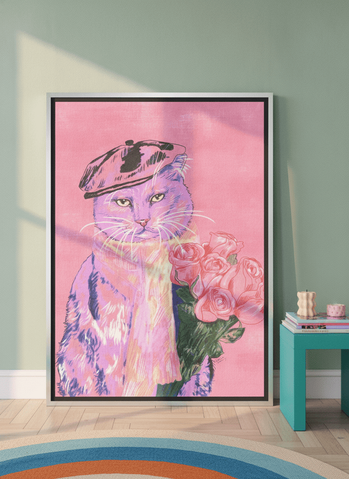 Oversized statement canvas wall art with a silver leaf surround leaning against the wall in a colourful eclectic living room