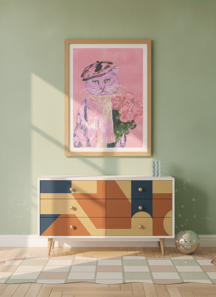 Modern wall art print styled on the wall in a colourful eclectic nursery