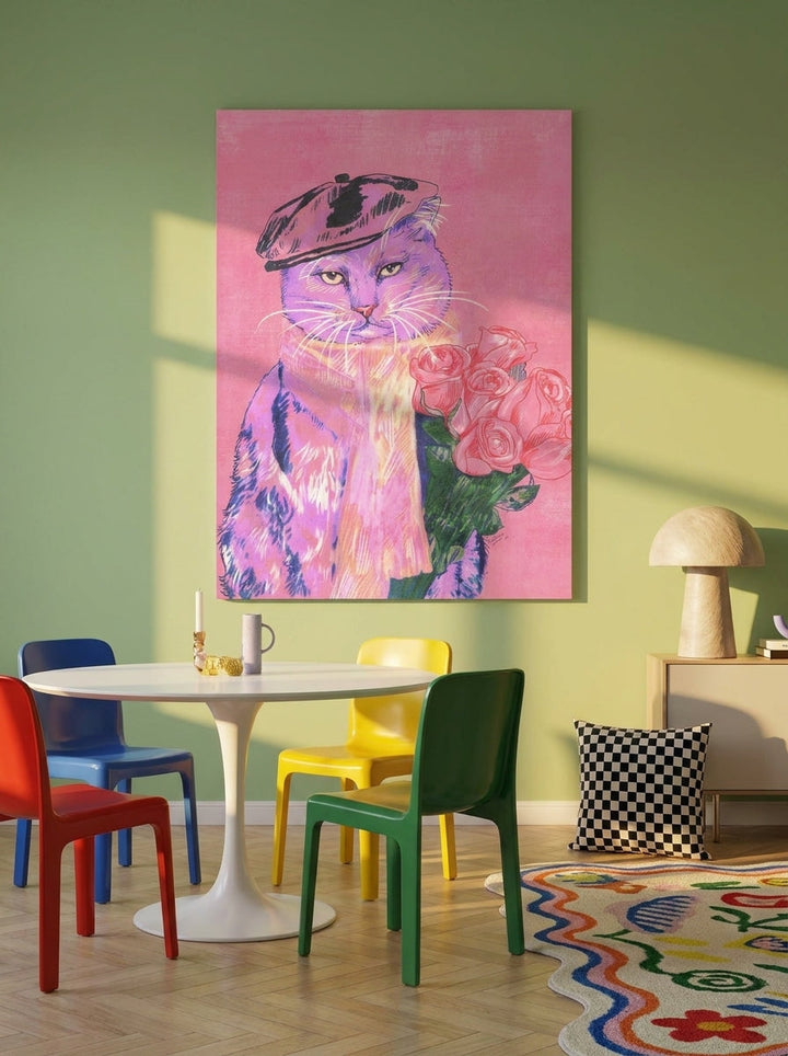 Stretched canvas wall art styled on the wall in a colourful eclectic dining room