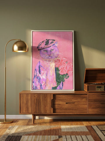 Canvas wall art with a white surround standing on a sideboard in a mid-century home office