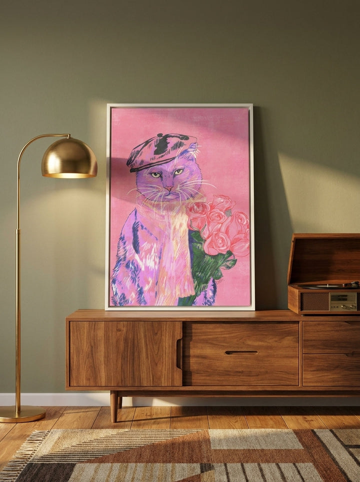 Canvas wall art with a white surround standing on a sideboard in a mid-century home office