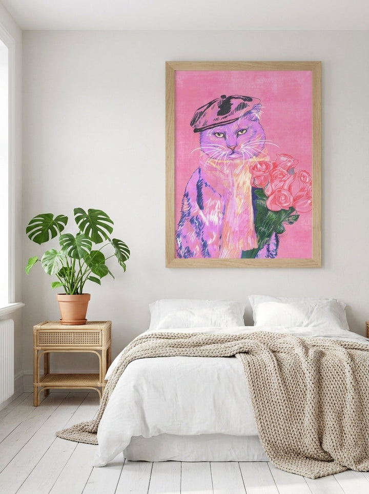 Oversized statement modern wall art print styled on the wall in a bright Scandinavian bedroom