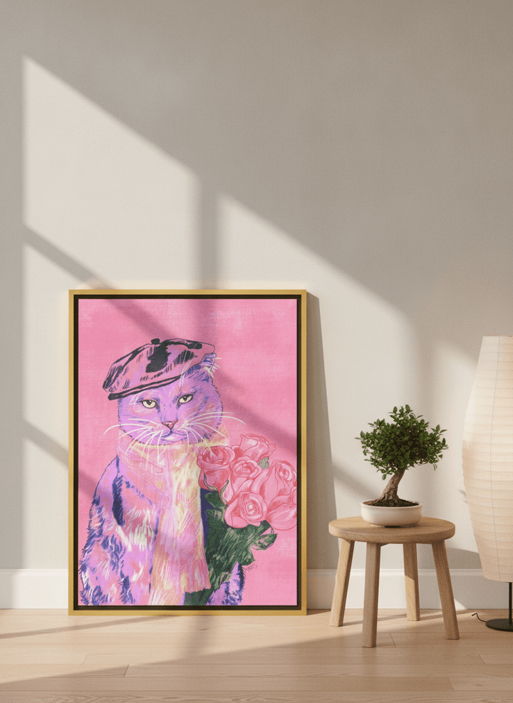Canvas wall art with a gold leaf surround leaning against the wall in a warm Japandi nursery