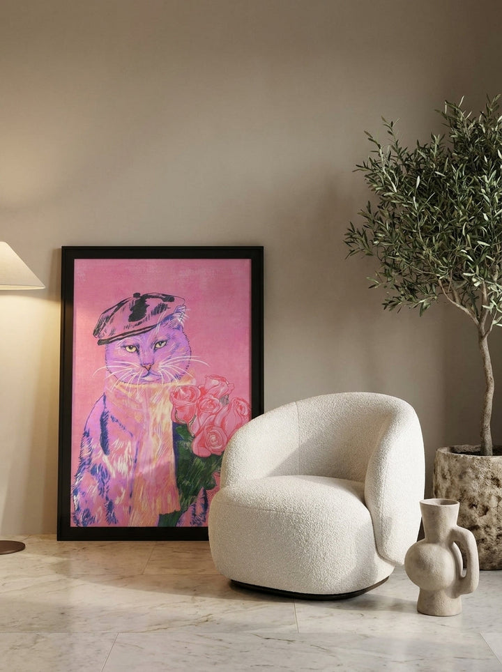 Modern wall art print leaning against the wall in a luxe home office
