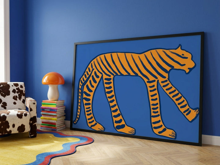 Oversized statement modern wall art print leaning against the wall in a colourful eclectic dining room