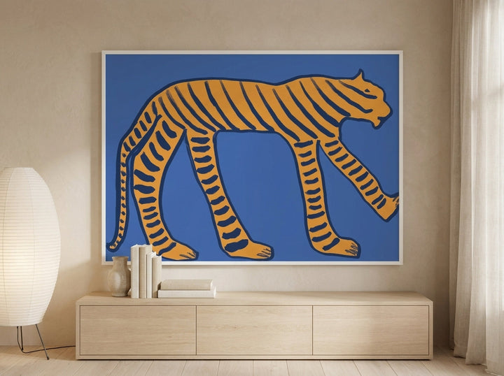 Modern wall art print styled on the wall in a warm Japandi living room