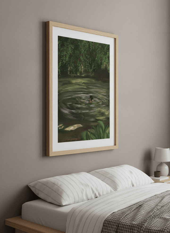 Minimalist artwork displayed in a calm, light-filled bedroom interior