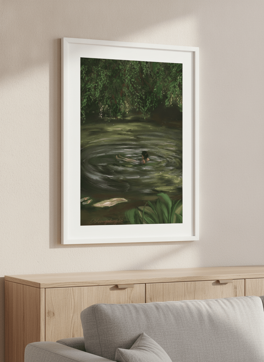 Artwork displayed above a credenza in a real-looking contemporary home