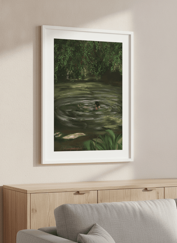 Artwork displayed above a credenza in a real-looking contemporary home