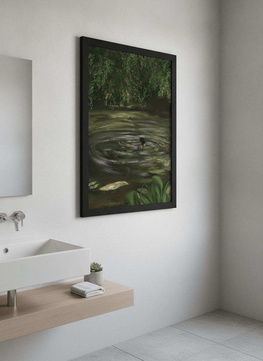 Modern print displayed in a clean minimalist bathroom setting
