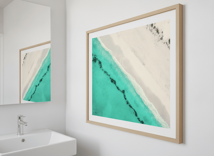 Modern print displayed in a clean minimalist bathroom setting