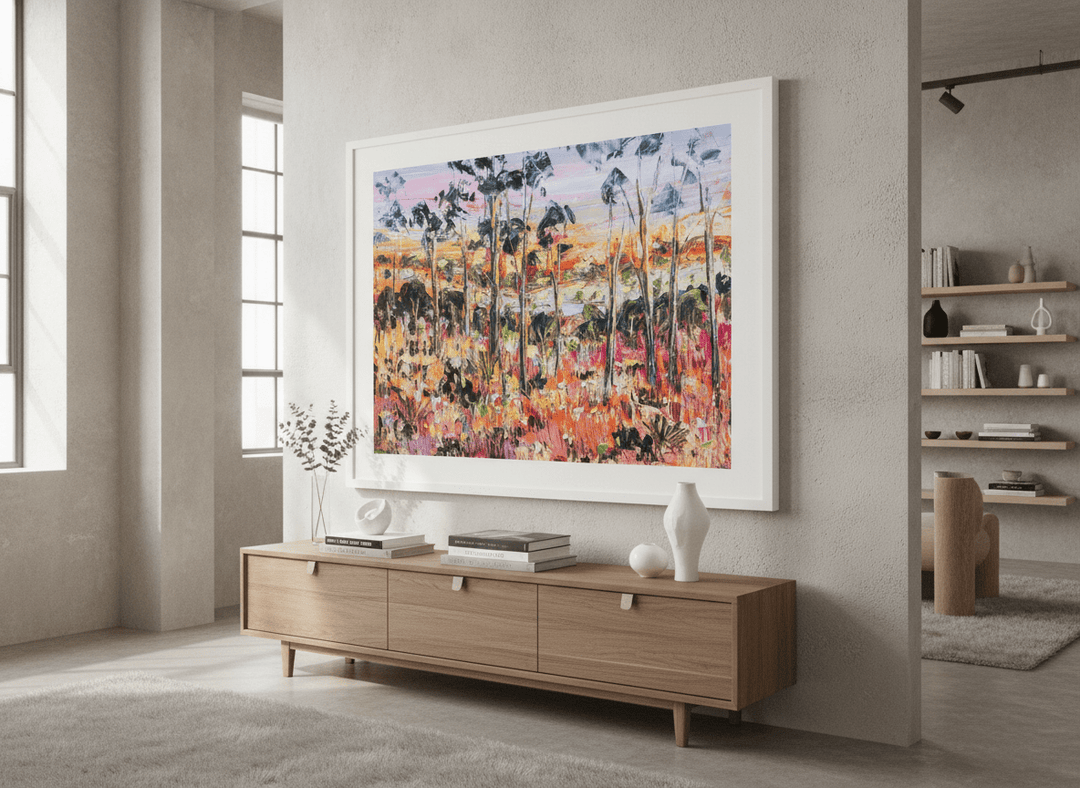 Monumental artwork centred on a feature wall in a luxe interior