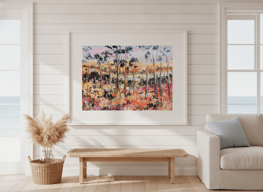 Neutral wall art displayed in a sunny coastal beach house