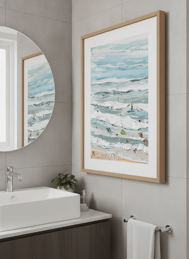 Modern print displayed in a clean minimalist bathroom setting
