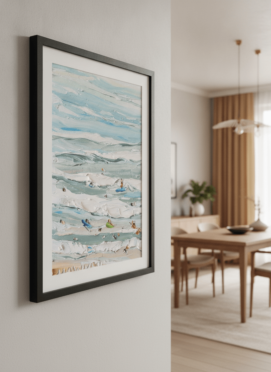 Wall art styled above a dining table in a contemporary home