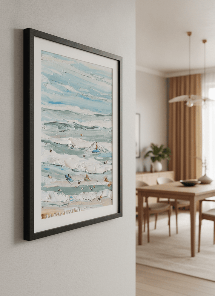 Wall art styled above a dining table in a contemporary home