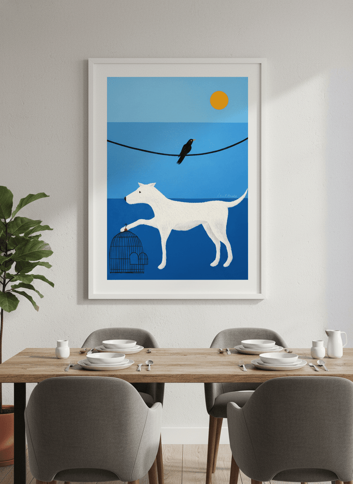 Wall art styled above a dining table in a contemporary home