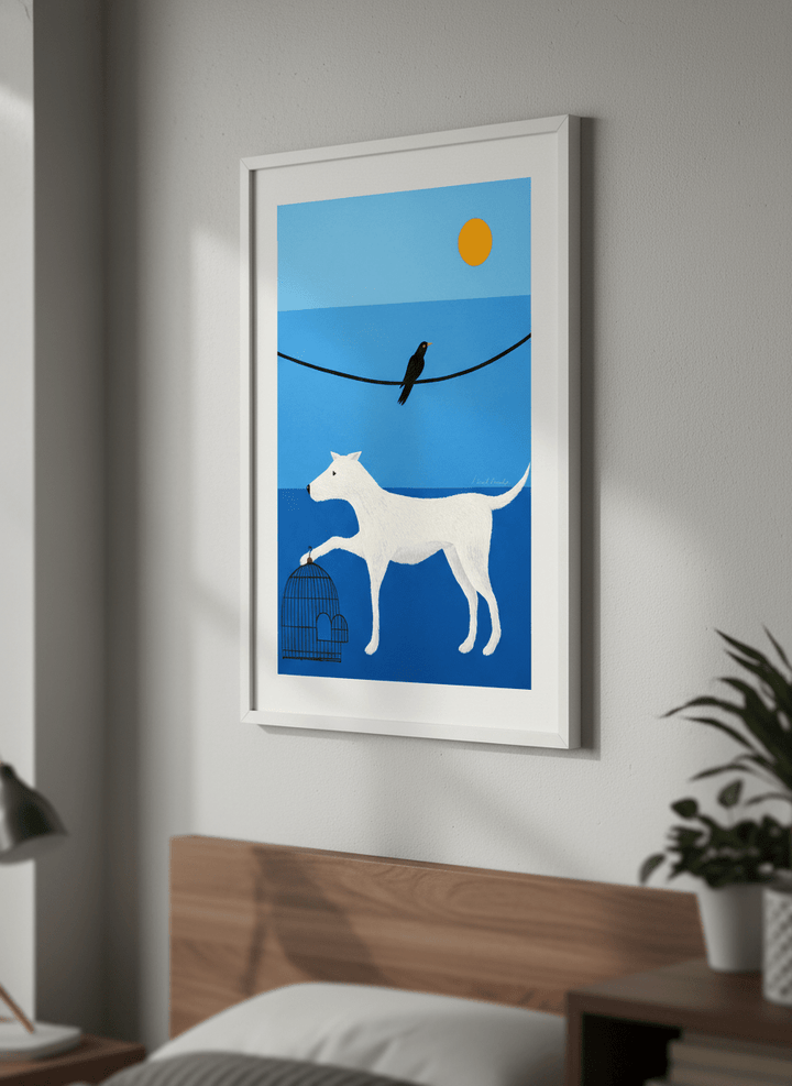 Minimalist artwork displayed in a calm, light-filled bedroom interior