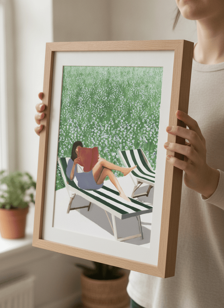 Person showcasing the artwork against a clean modern interior wall