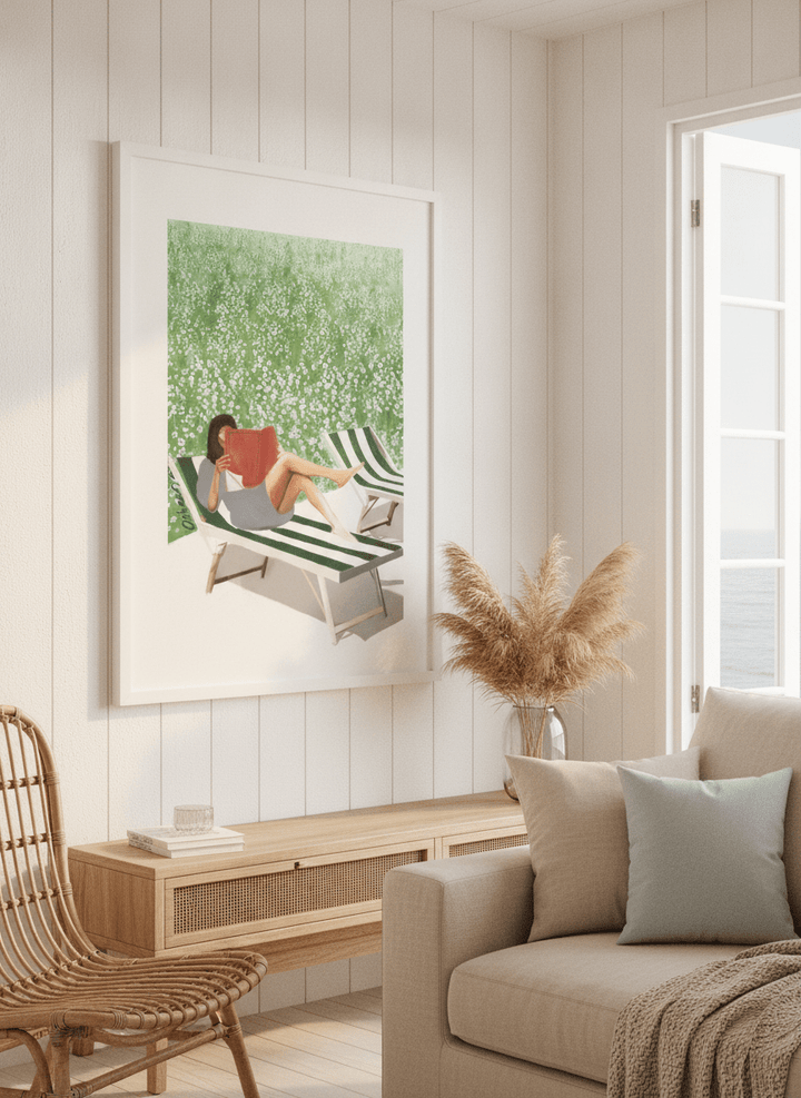 Neutral wall art displayed in a sunny coastal beach house
