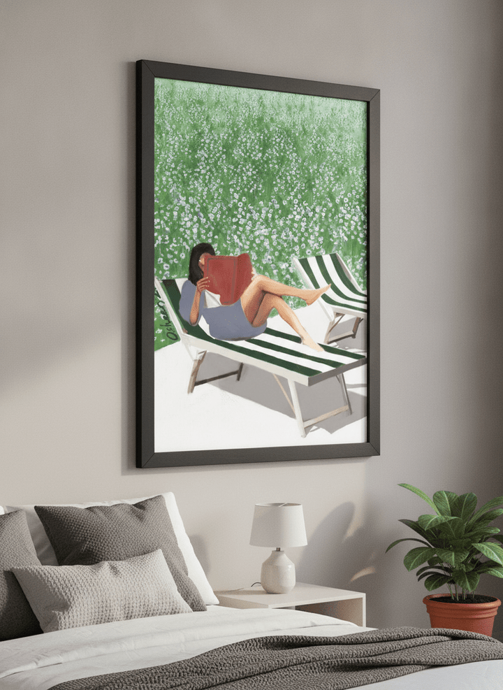 Minimalist artwork displayed in a calm, light-filled bedroom interior