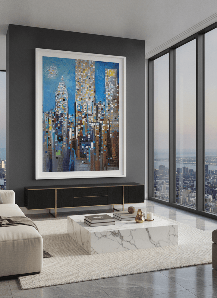 Monumental artwork centred on a feature wall in a luxe interior
