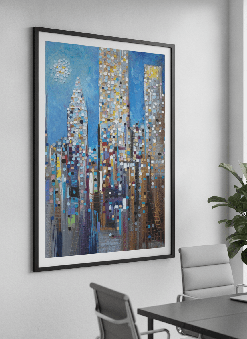 Contemporary wall art featured in a bright modern office workspace