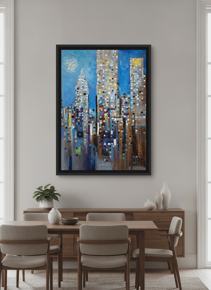 Wall art styled above a dining table in a contemporary home
