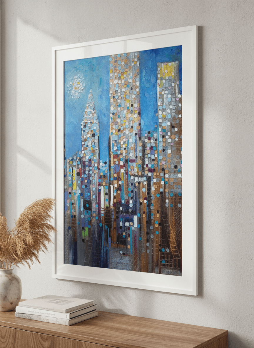 Modern wall art styled above a sofa in a neutral living room