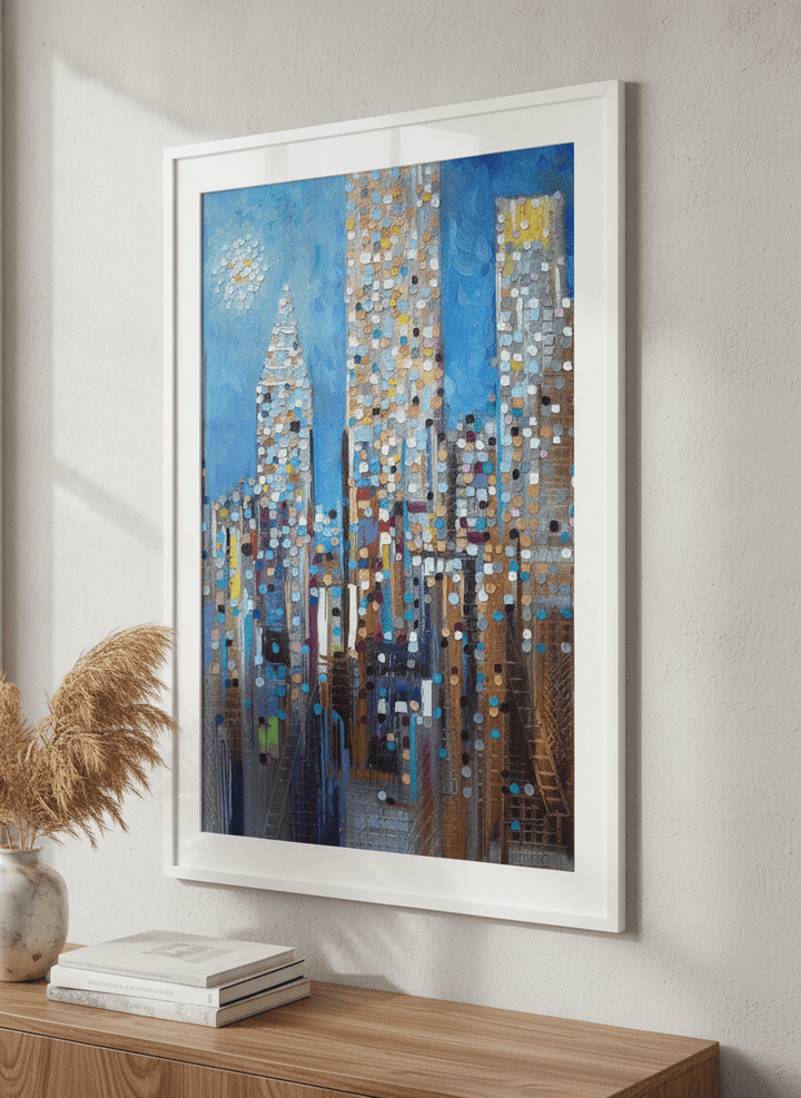 Modern wall art styled above a sofa in a neutral living room