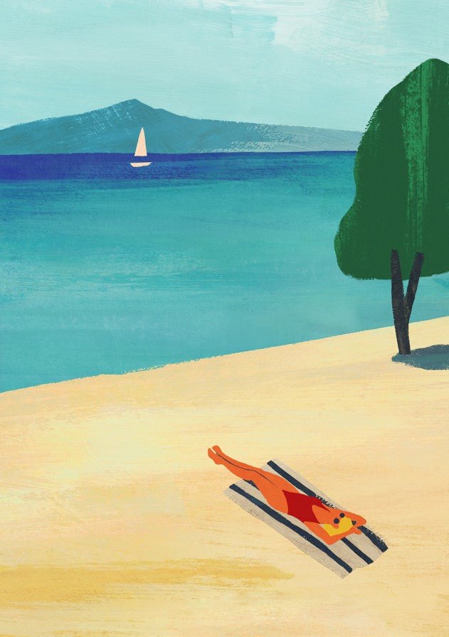 Sunny beach scene with a person lying on a towel, a sailboat in the distance, and a tree. framed