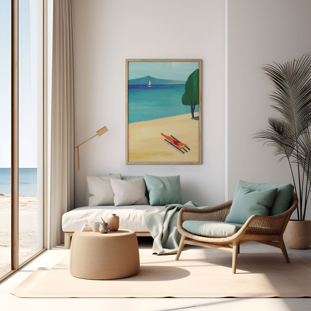 Modern living room with beach-themed artwork, furniture, and decor.