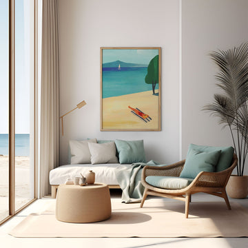 Modern living room with beach-themed artwork, furniture, and decor.