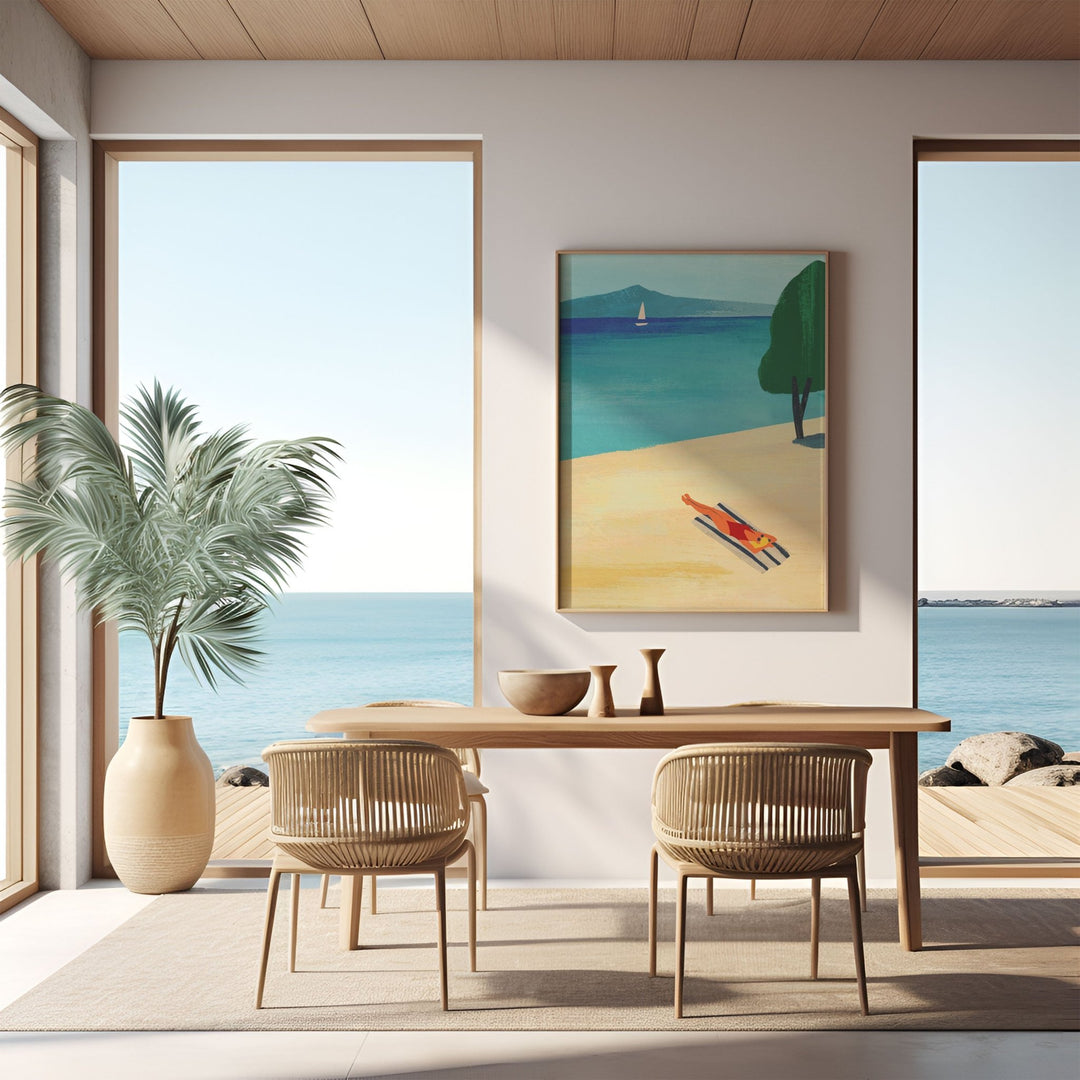 Dining room with a table and chairs, large windows, and a beach-themed painting.