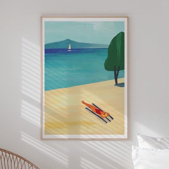 Modern bedroom with a bed, chair, and artwork on the wall.