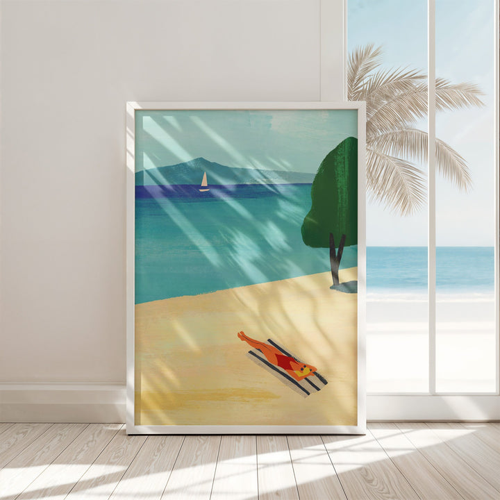 Artwork of a beach scene with a person lying on the sand, palm tree, and sailboat.