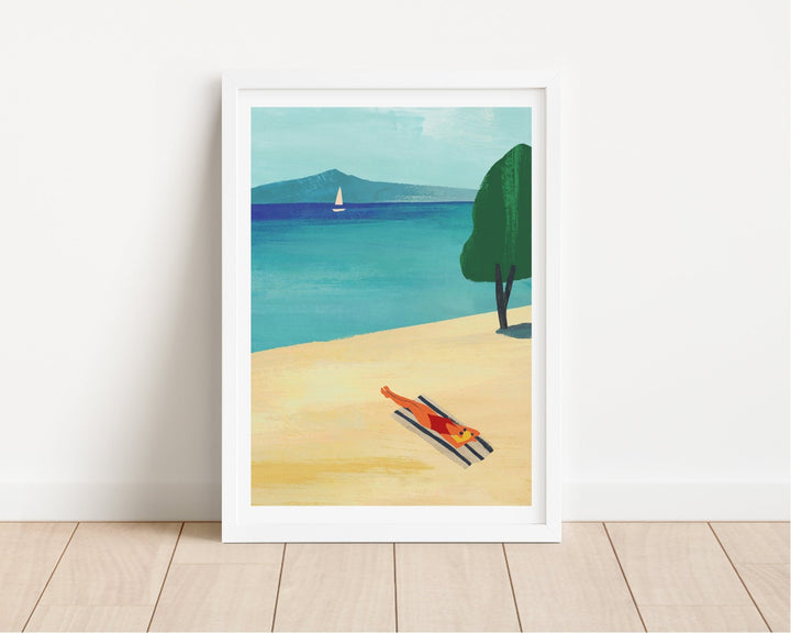Artwork of a beach scene with a sailboat, tree, and person lying on the sand.