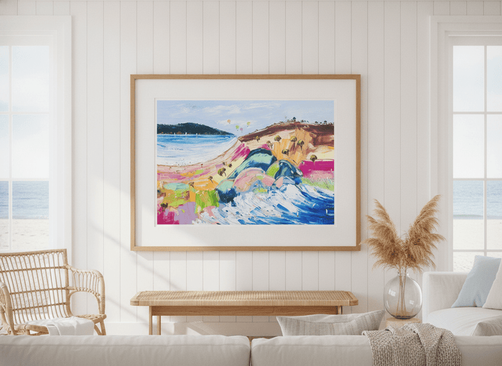 Neutral wall art displayed in a sunny coastal beach house